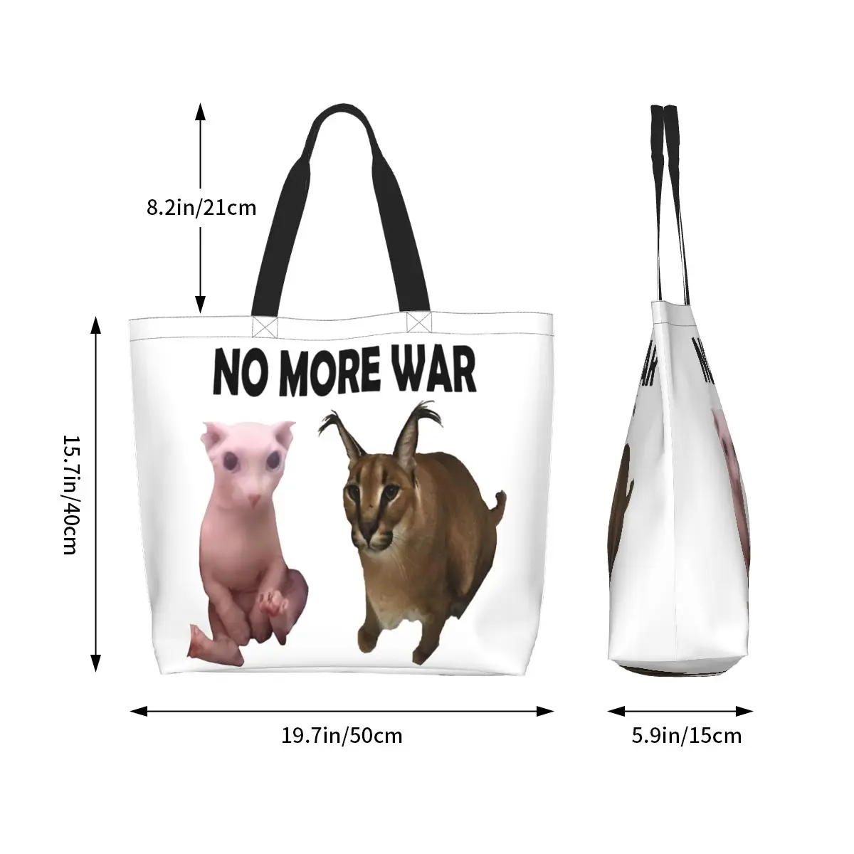 Funny Printed No More War Big Floppa And Bingus Shopping Tote Bags Washable Canvas Shoulder Shopper Funny Cat Meme Handbag