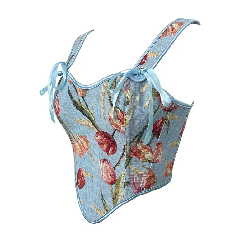Vintage Tulip Jacquard Corset Top Sky Blue Bow Decor Spaghetti Strap Pointed Hem Slim Body Shaper