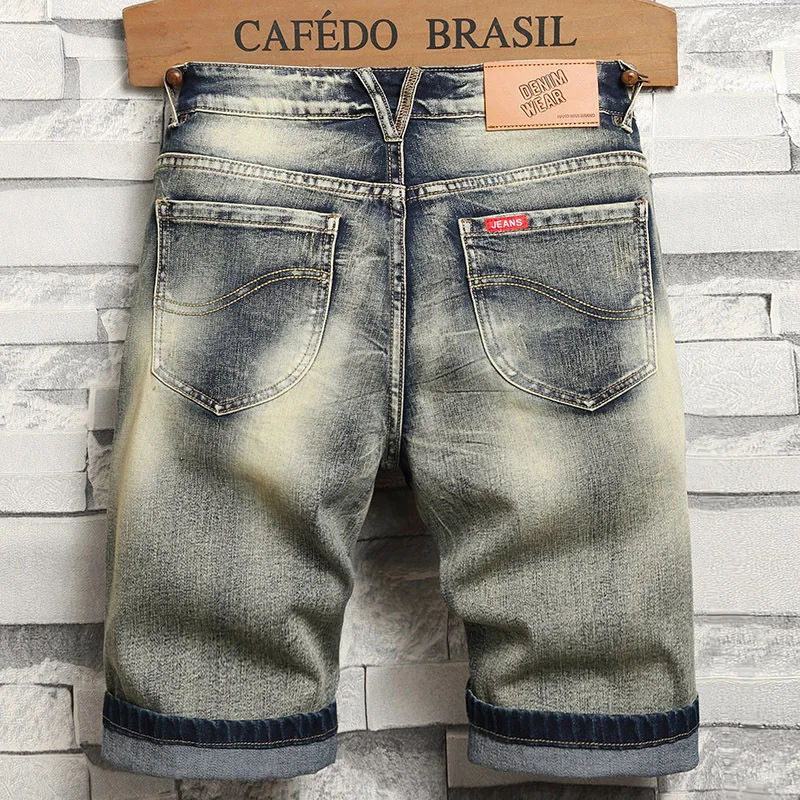 Celana pendek DENIM ของนักขี่จักรยานย้อนยุคใหม่ฤดูร้อนของผู้ชายคร็อปแพนท์ที่เพรียวบางลำลองแฟชั่นแบบสตรีทมีความสุข