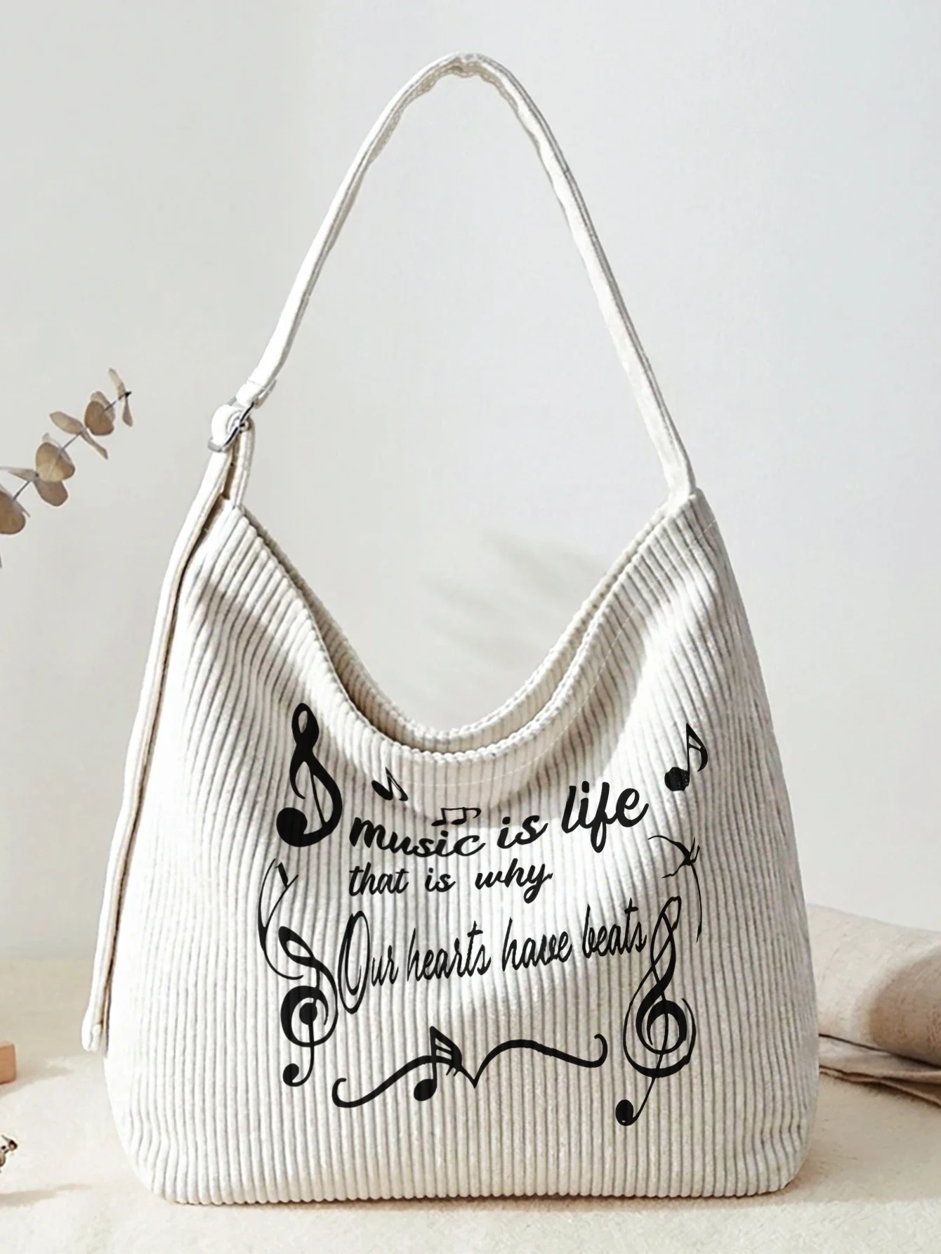 Music Is Life Quote Note Print Hobo Bag, Adjustable Strap Large Capacity Shoulder Bag For Work Travel Daily Casual