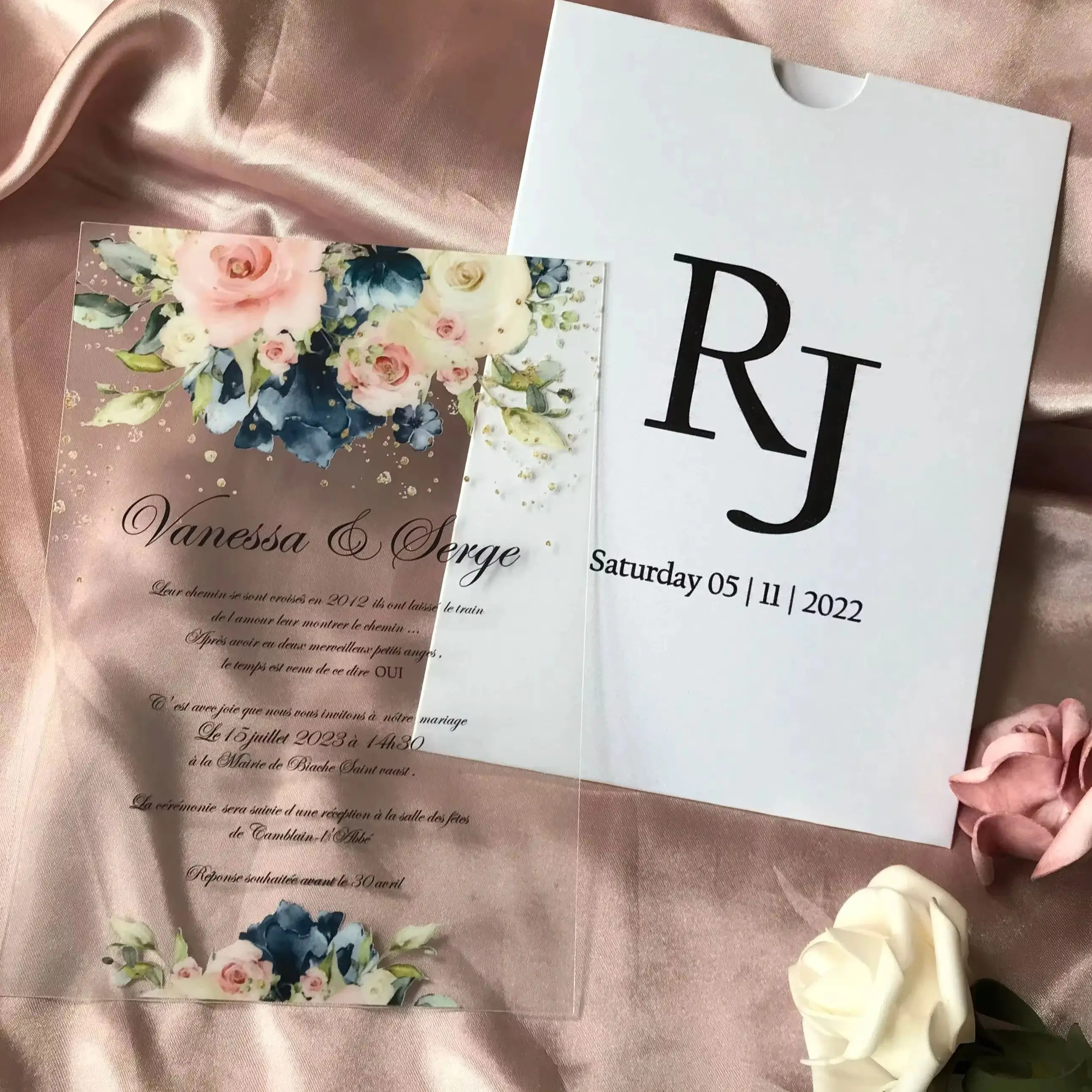 

Custom 10pcs Acrylic Wedding Invitation,Personalized Pocket Envelope,Navy Blue,Pink Floral Transparent Invite Cards