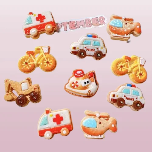 10PCS Resin Cartoon police cars, bicycles, airplanes, sailboats, cookies Flatback Home Decor Figurine Scrapbook DIY Accessories