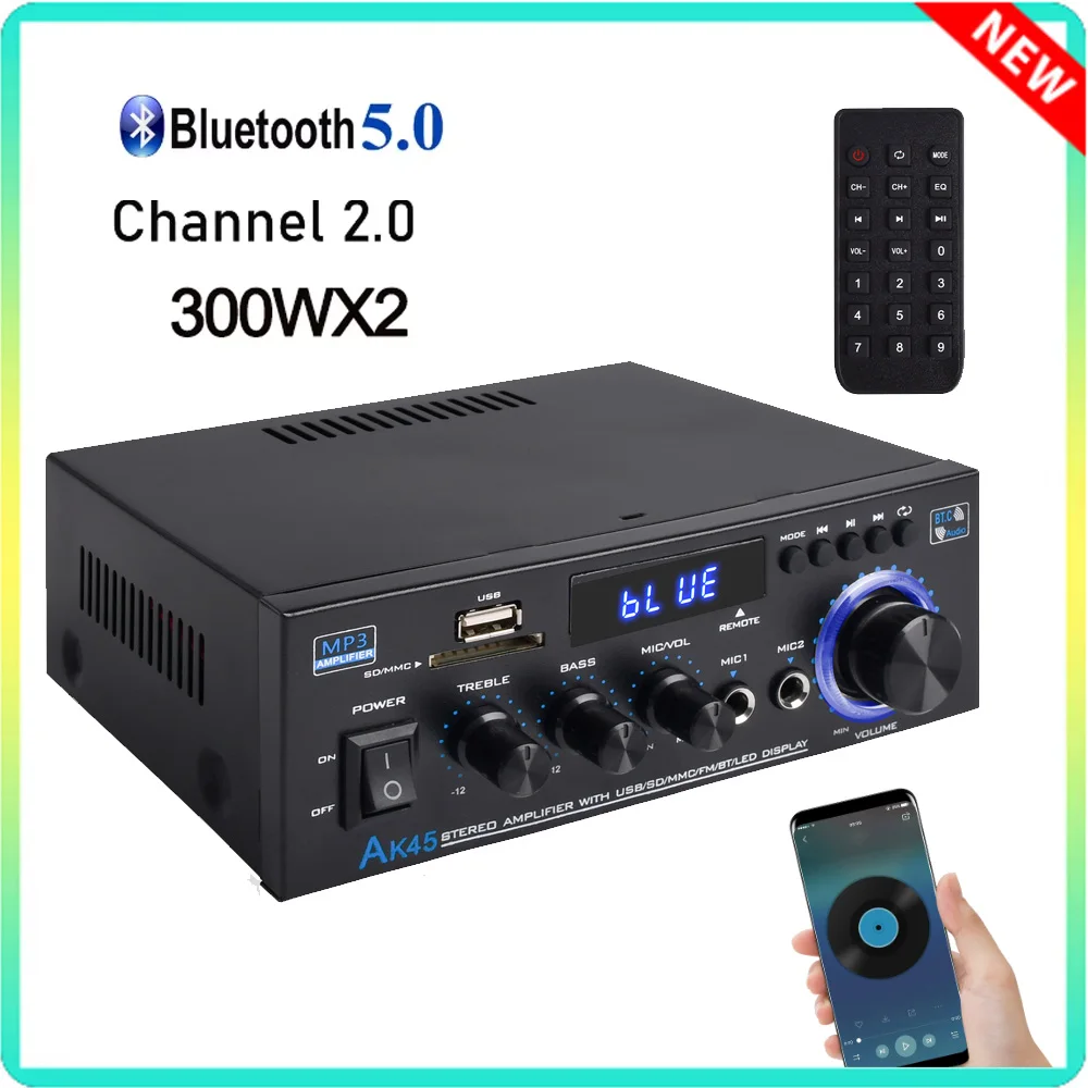 AK45 300WX2 Uscita Amplificatore digitale Bluetooth 5.0 Amplificatore di potenza Canale 2.0 Max 400W Subwoofer Ricevitore audio stereo Hi-Fi