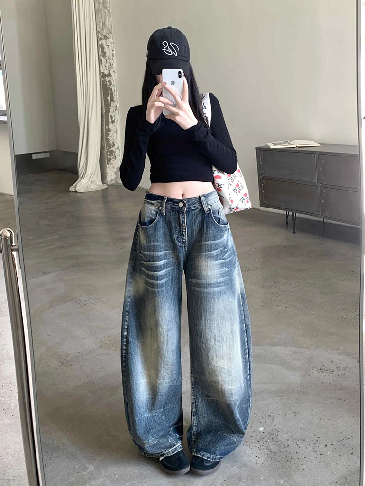 กางเกงยีนส์ทรงแบ็กกี้ผ้าเรดดาชิค แต่งลายวินเทจ สไตล์เกาหลี เอวต่ำ ทรงหลวม ขากว้าง ทรงกระบอก สตรีทแวร์ ยุค Y2K