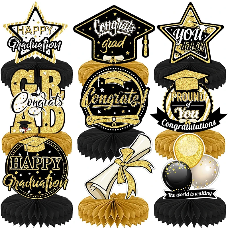 9pcs Graduation Decorations Supplies Grad Honeycomb Centerpiece Graduation Table Topper Party Favor Photo Booth Prop