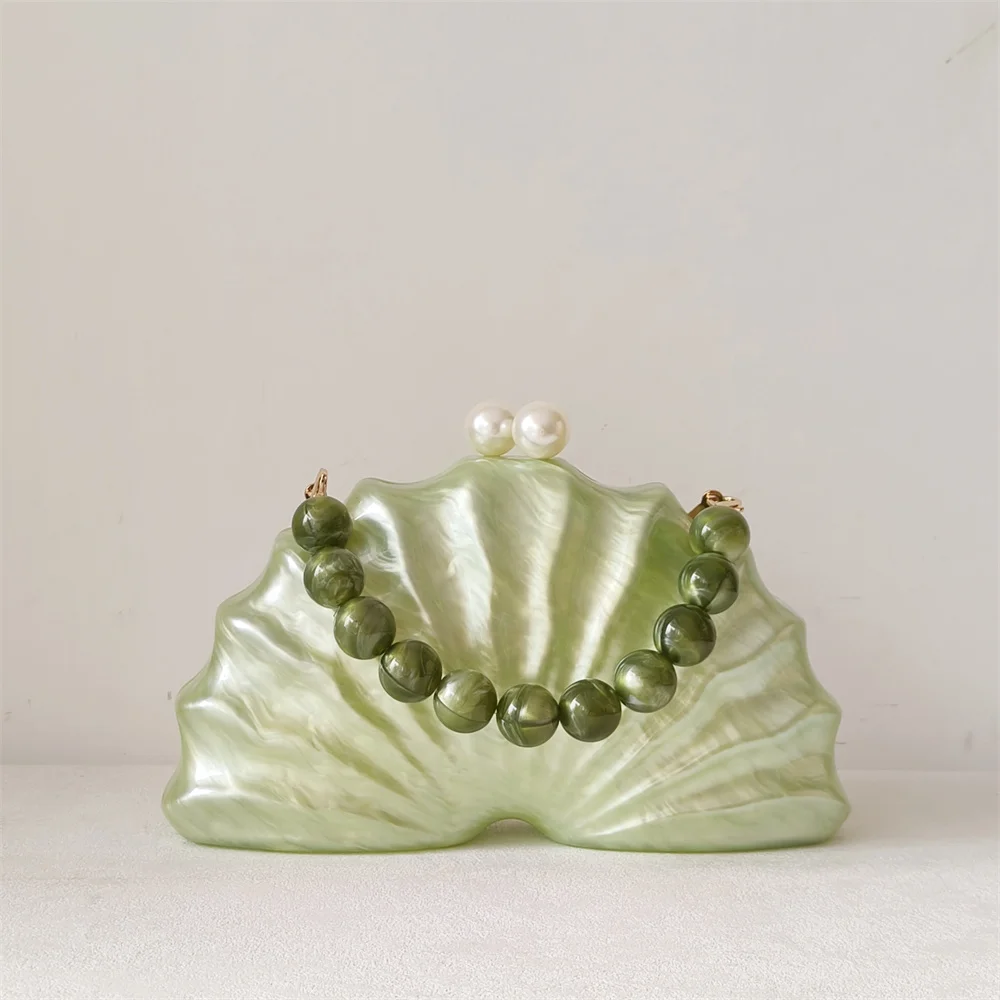 

Marble Shell Light Lemon Green Acrylic Box Evening Women Luxury Retro Beaded Phone Clutch Purse Party Shoulder Mini Beach Bag