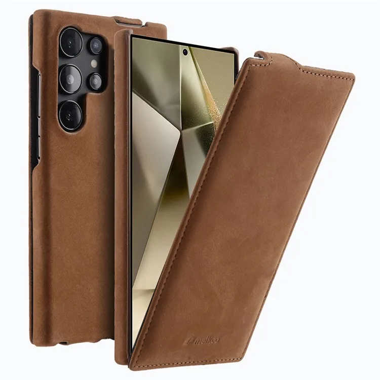 

MELKCO For Samsung Galaxy S25 Ultra Case Vertical Flip Genuine Cow Leather + PC Shockproof Phone Cover - Brown
