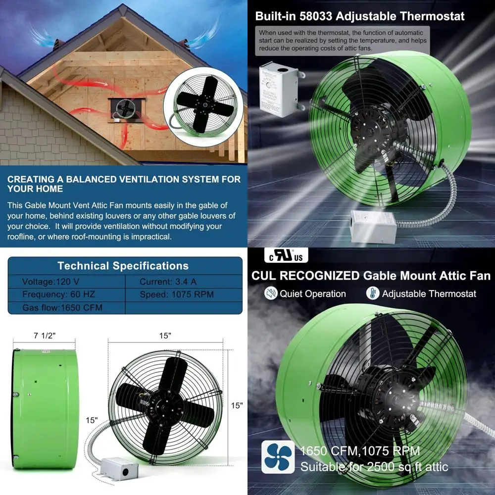 

15 Gable Mount Attic Exhaust Fan with Adjustable Louvers, 1650 CFM, 1075 RPM, 3.4 Amps, 2500 Sq. Ft. Coverage, Green.