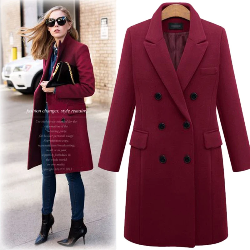 

Autumn Winter Women's Long Windbreaker Double Breasted Slim Fit Coat Woolen Jacket