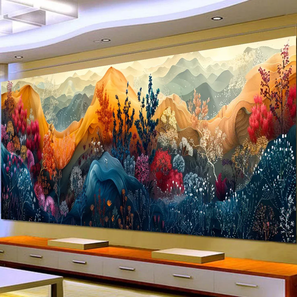 5D DIY Large Diamond Painting Cross Colorful Mountains Flowers Sky Landscape Wall Art, Full Round Drill, Embroidery Home Decor