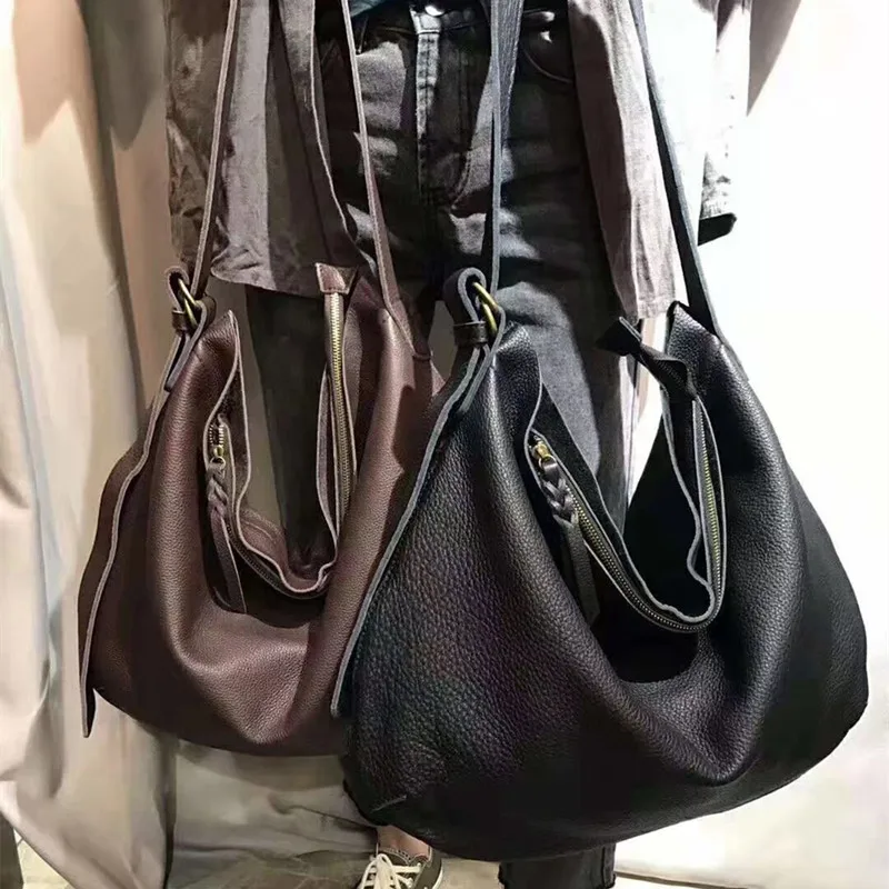 Large Capacity Cowhide Crossbody Bags Women Genuine Leather Shopper Handbags Ladies Shoulder Bag Slouchy Casual Wide Strap Totes