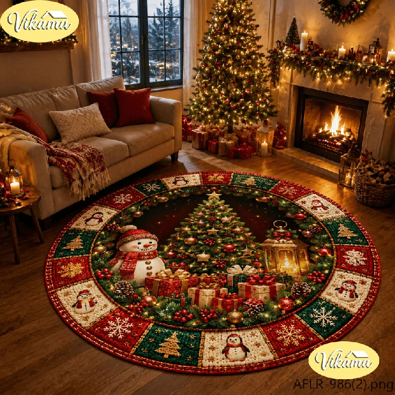 VIKAMA Christmas Round Rug, Snowman and Gold Bell Design, Non-Slip Carpet for Bedrooms and Living Rooms, Festive Home Decor Mat