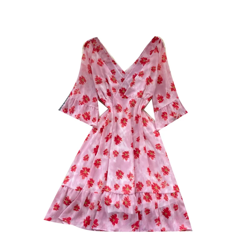 Boho v neck women summer floral print chiffon backless midi dress casual elastic waist a-line vestido de festa beach vestidos