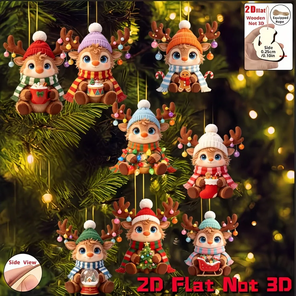 8Pcs 2D Flat Wooden Christmas Reindeer Ornaments Cute Xmas Elk Hanging Pendant Christmas Tree Home Party Decoration Navidad Gift