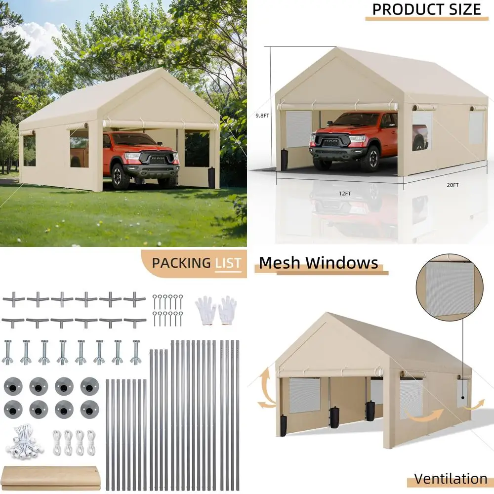 

Сверхмощный карпорт 12x20 футов со съемными боками, портативный гараж, свернутые окна, якоря для мешков с песком для защиты на открытом воздухе