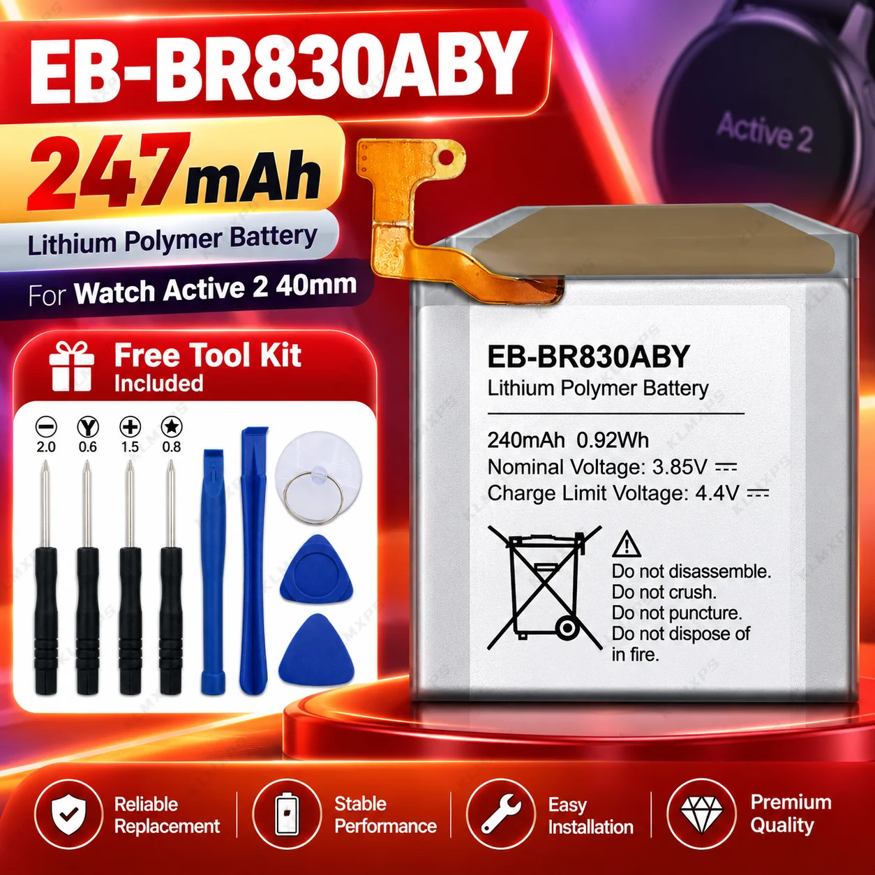 EB-BR830ABY Battery for Samsung Galaxy Watch Active 2 40mm SM-R830 SM-R835 Watch3 41mm SM-R850 Replacement Bateria + Tools