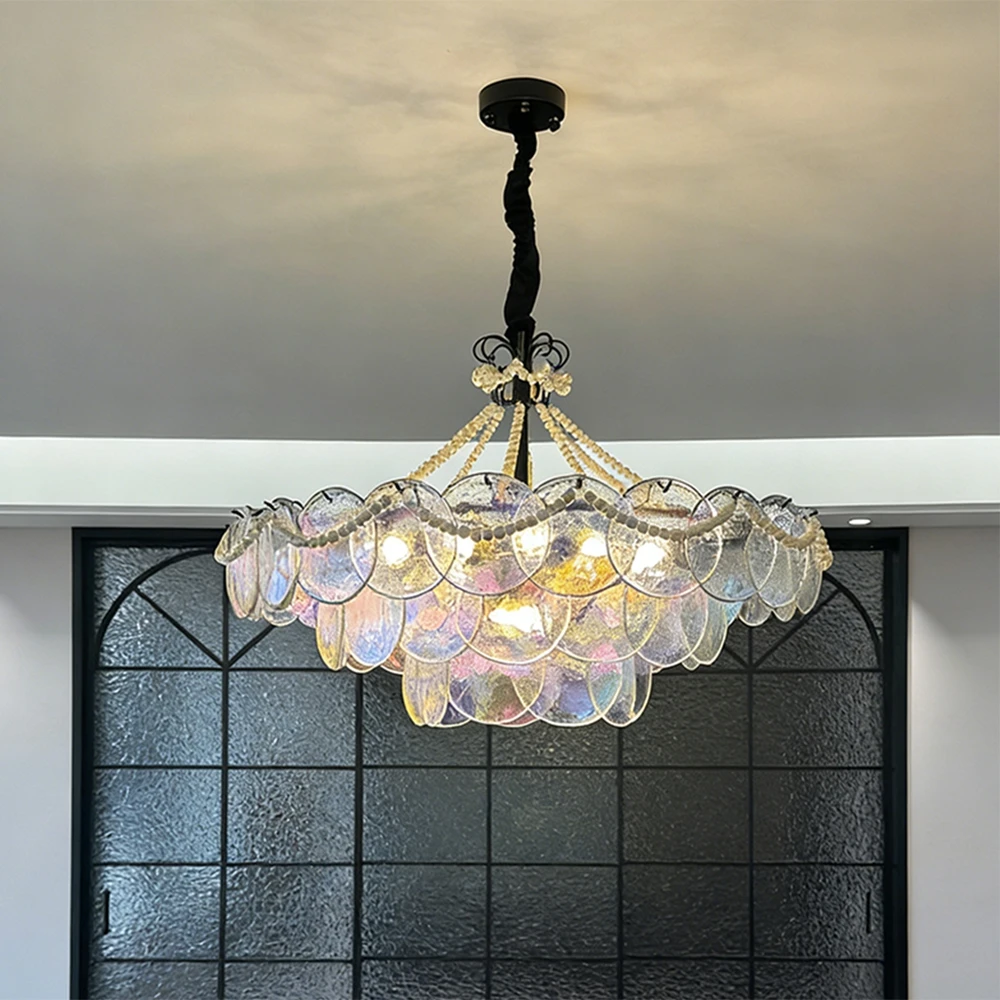 Vintage Luxury Transparent Glass Chandelier With Pearl Necklace Round French Multi Tier Pendant Light For Living Dining Room