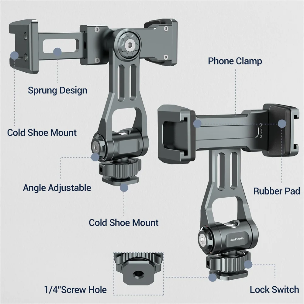 Uchwyt na telefon do kamery LEAPLIGHT z mocowaniem typu hot shoe, adapter do monitora i statywu z gwintem 1/4 / zimną stopką do iPhone 16 15 14 13 12 Samsung, mikrofonu i lampy — zdjęcie produktu 4