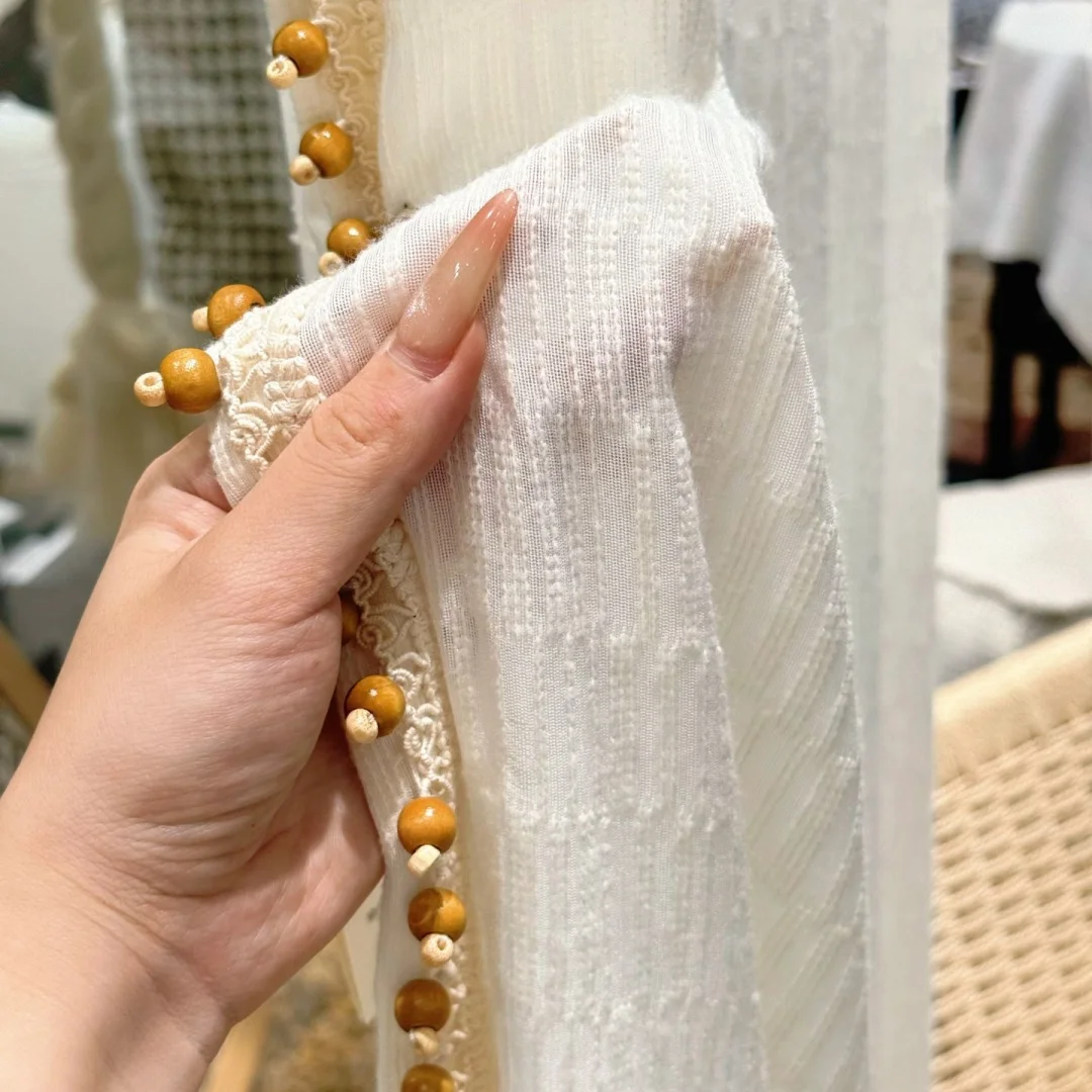 Boho Wood Bead Trim Sheer Curtain, Textured Grid Semi‑Transparent Window Drapes for Living Room Bedroom