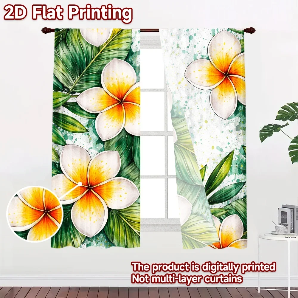 Tropical Floral Leaves Curtains 2pcs Plumeria Print Window Drapes Waterproof Green Jungle Botanical Shower Curtain Home Decor