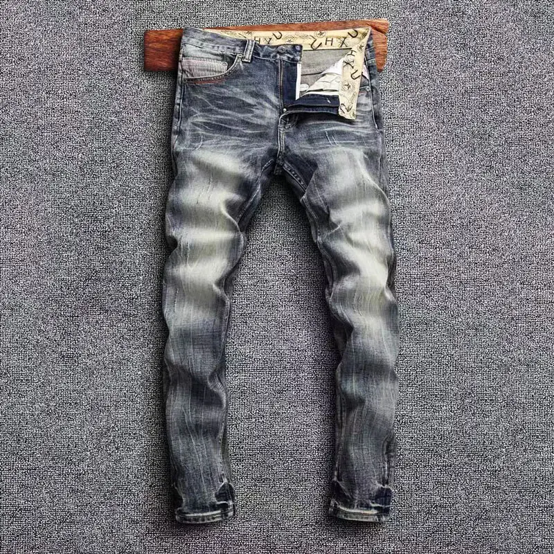 

Newly Designer Fashion Men Jeans High Quality Retro Washed Stretch Slim Fit Ripped Jeans Men Printed Vintage Denim Pants Hombre