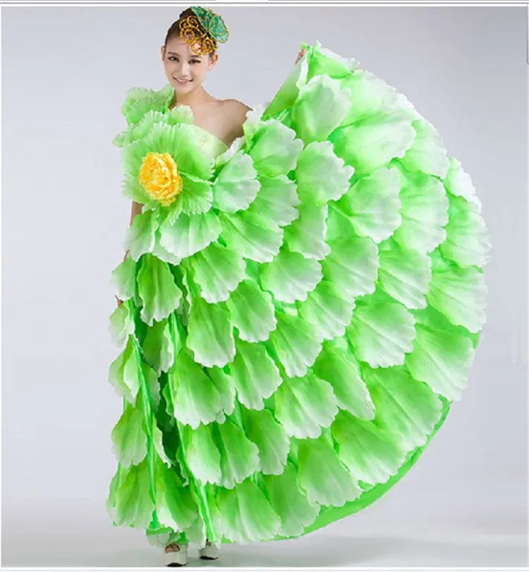 Vestido de baile de gran apertura con flores florecientes, traje de actuación de baile para mujer, falda grande de pétalos, acompañamiento de baile de canción, 360