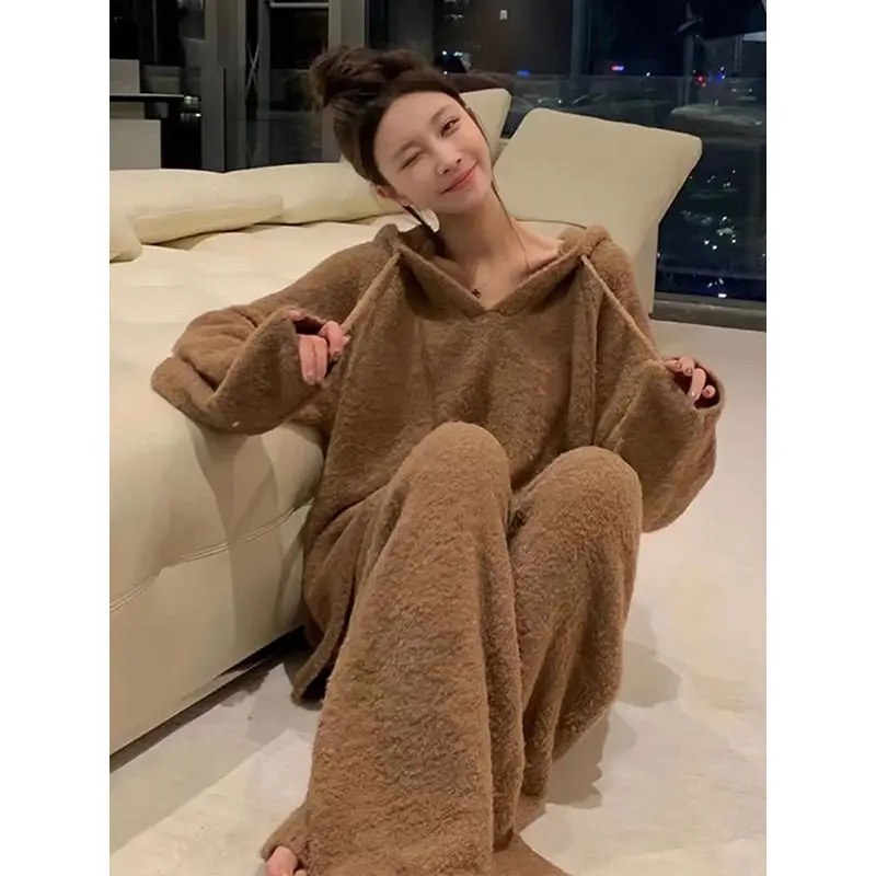 

Home Solid Color Coral Fleece Hooded Pajamas For Women In Autumn And Winter, Thickened Home Clothes, Casual Warm Suit For