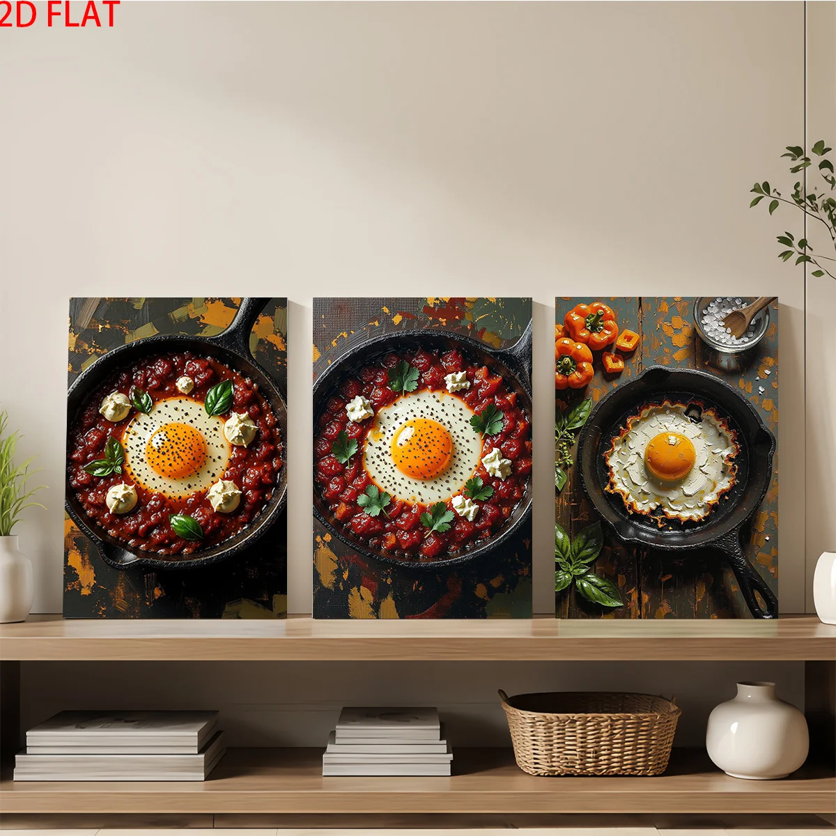 Frameless Canvas 2D Flat 3pc Wall Art – Three Paintings Of Fried Eggs In Pans With Sauce And Garnishes Perfect For Aesthetic