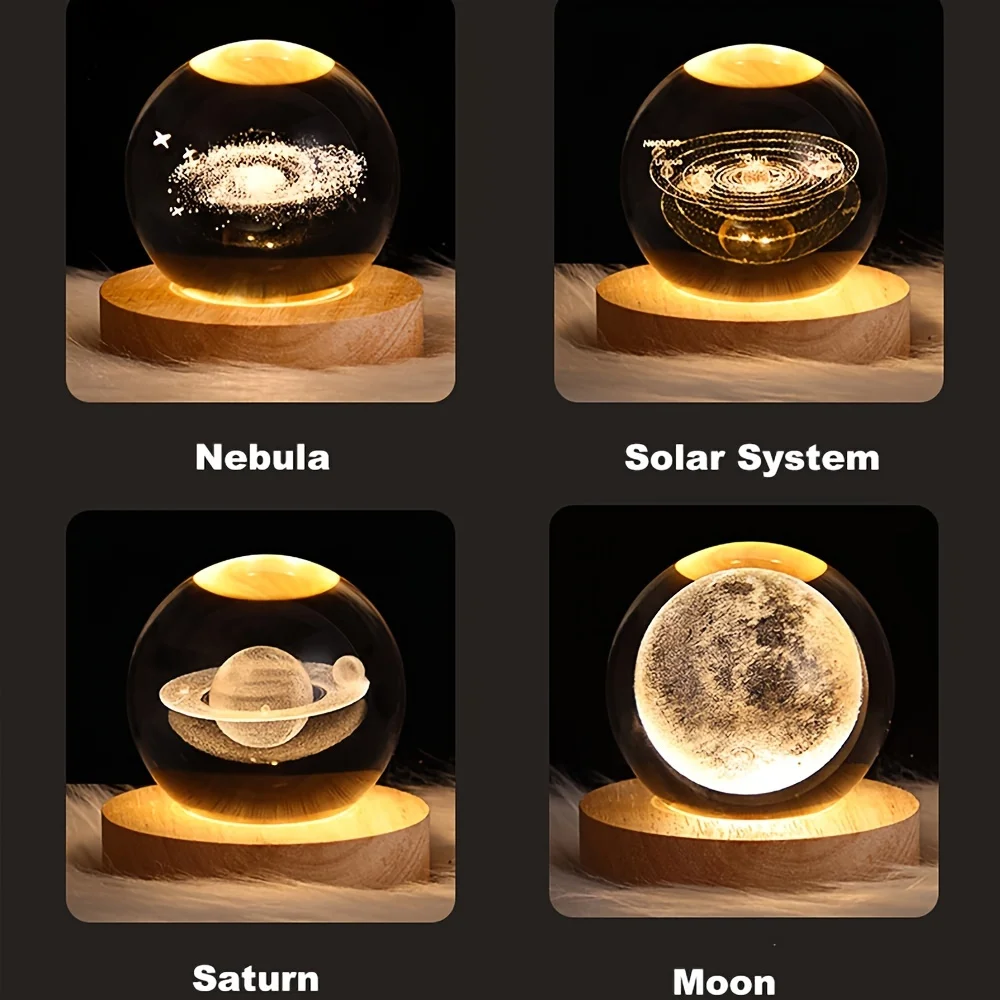 Bola De Cristal 3D USB LED Night Light, Galáxia Criativa, Lua De Saturno, Lâmpada De Mesa Para Astronomia, Presente De Aniversário Das Crianças, Quarto Deco, 6cm