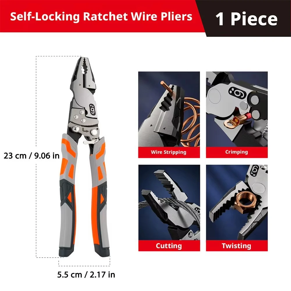 Ratchet Self-locking Wire Cutter Plier Cable Cutting Stripping Gripping Tool with Non Slip Handle for Cutting/Ratchet Adjustment