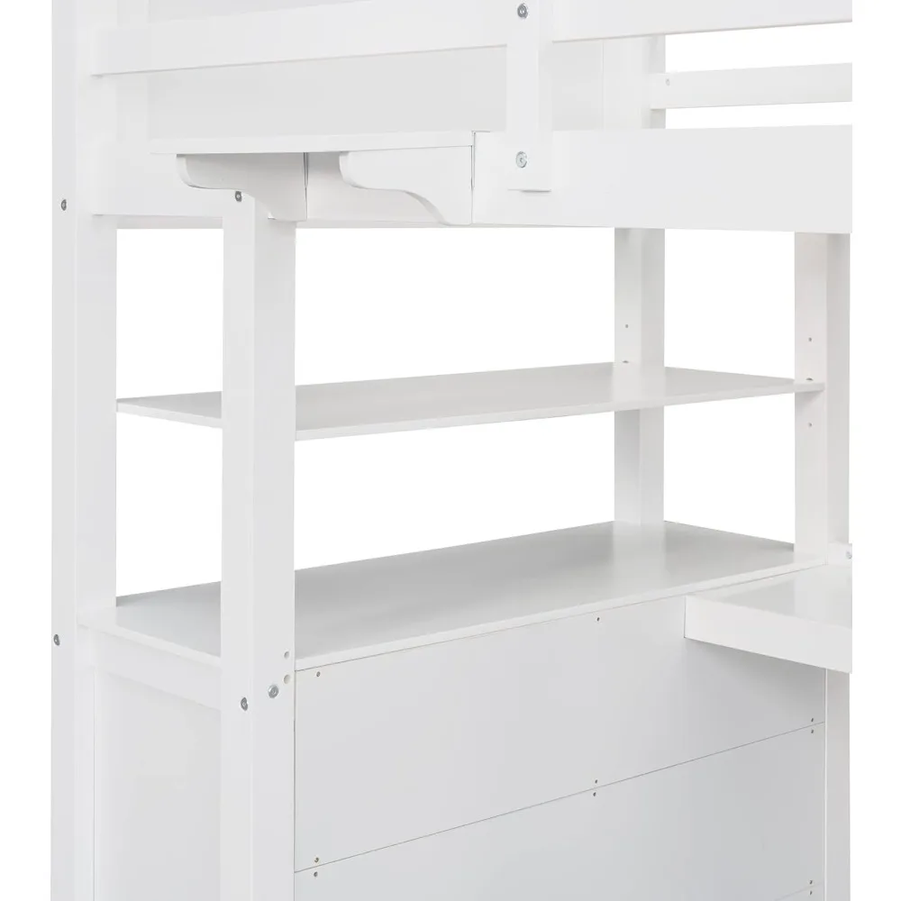 Twin Size Loft Bed Met Bureau En Dressoir, Houten Bed Met Opbergladen En Planken Voor Kinderen Tieners, Geen Boxspring Nodig, Wit