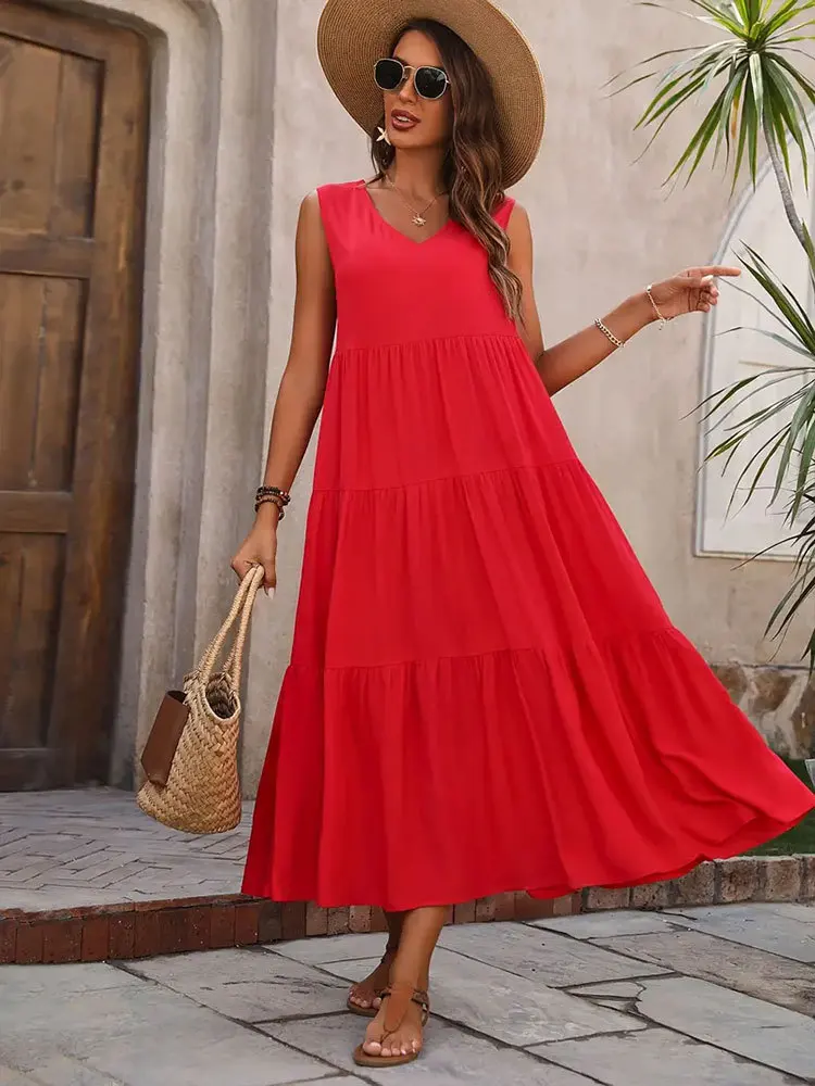 Women's Skirt 2024 New Elegant Holiday Solid Color andLayered Stitching Hem Loose Dress Cake Dress