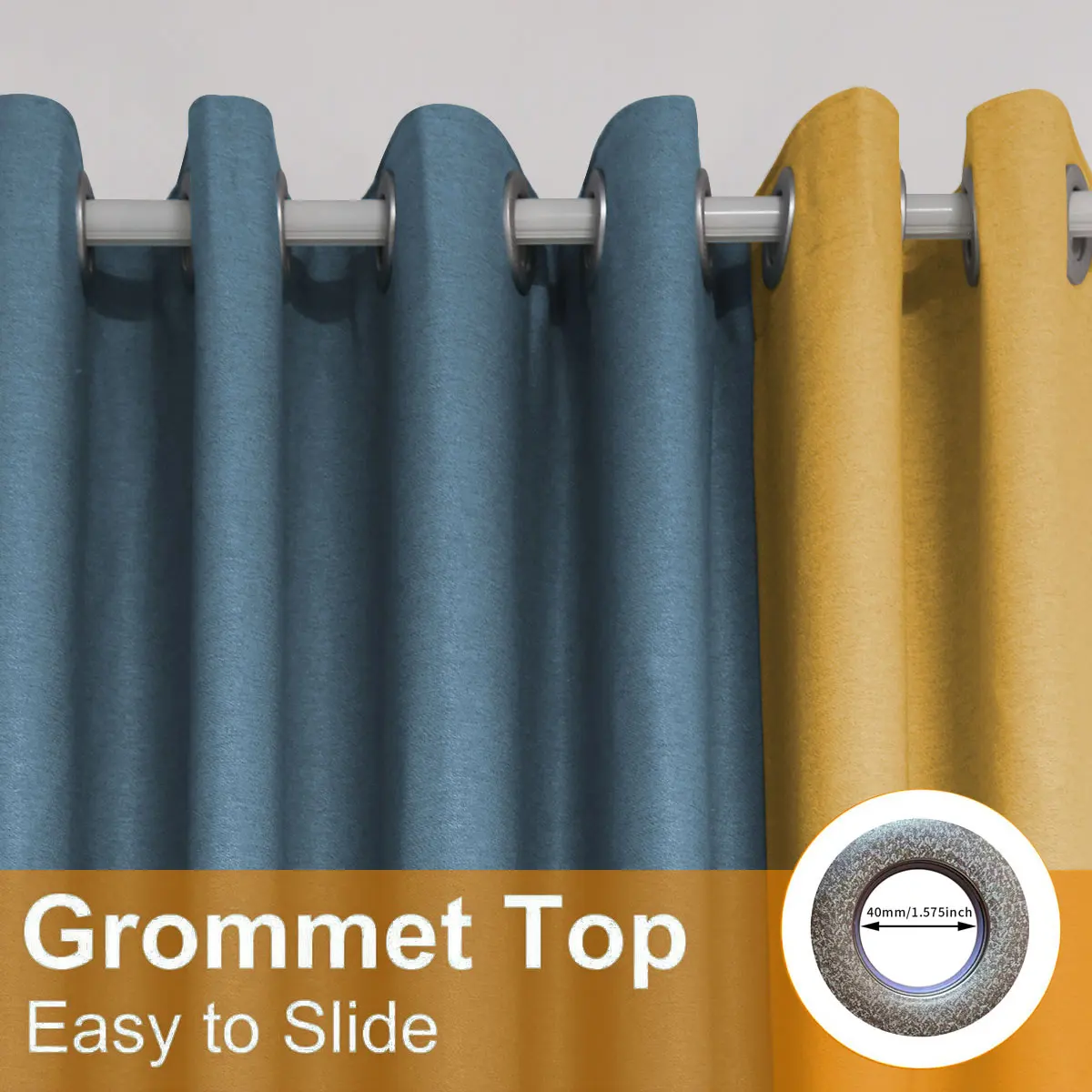 2 Panels Two-Tone Blue & Mustard Yellow Grommet Blackout Curtains, Thick Linen Texture Thermal Insulated Soundproof Window Drapes, Privacy Light Blocking Curtain for Bedroom Living Room Home Decor