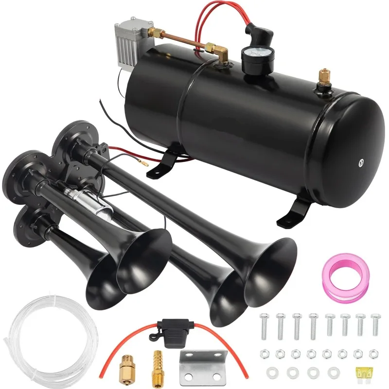 150DB Train Horns Kit for Trucks Super Loud with 120 PSI 12V Air Compressor 4 Trumpet Air Horn Compressor Tank
