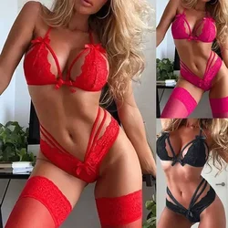 Women's Sexy Underwear Set 3-piece Exotic Set Sexy Lace Bra Bandage Panties + Stockings Erotic Transparent Bra Set