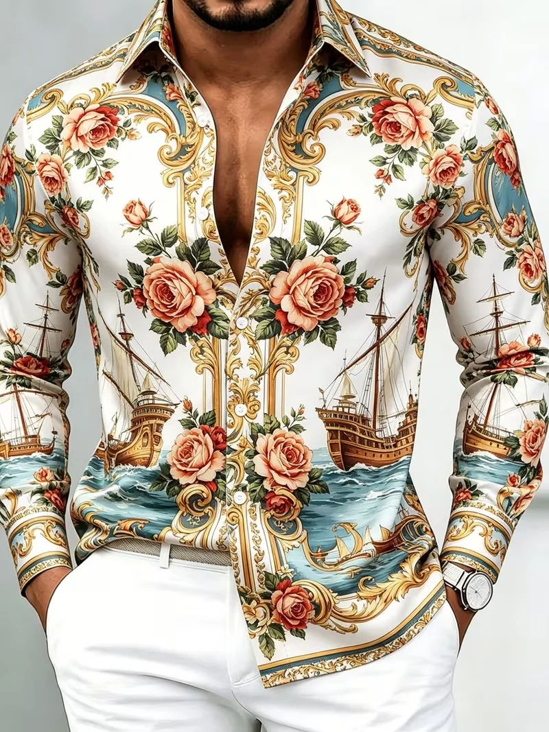 New Gilded Wings Baroque Composite Printed Long Sleeve Shirt with Smooth Drop and Satin Collar for Men