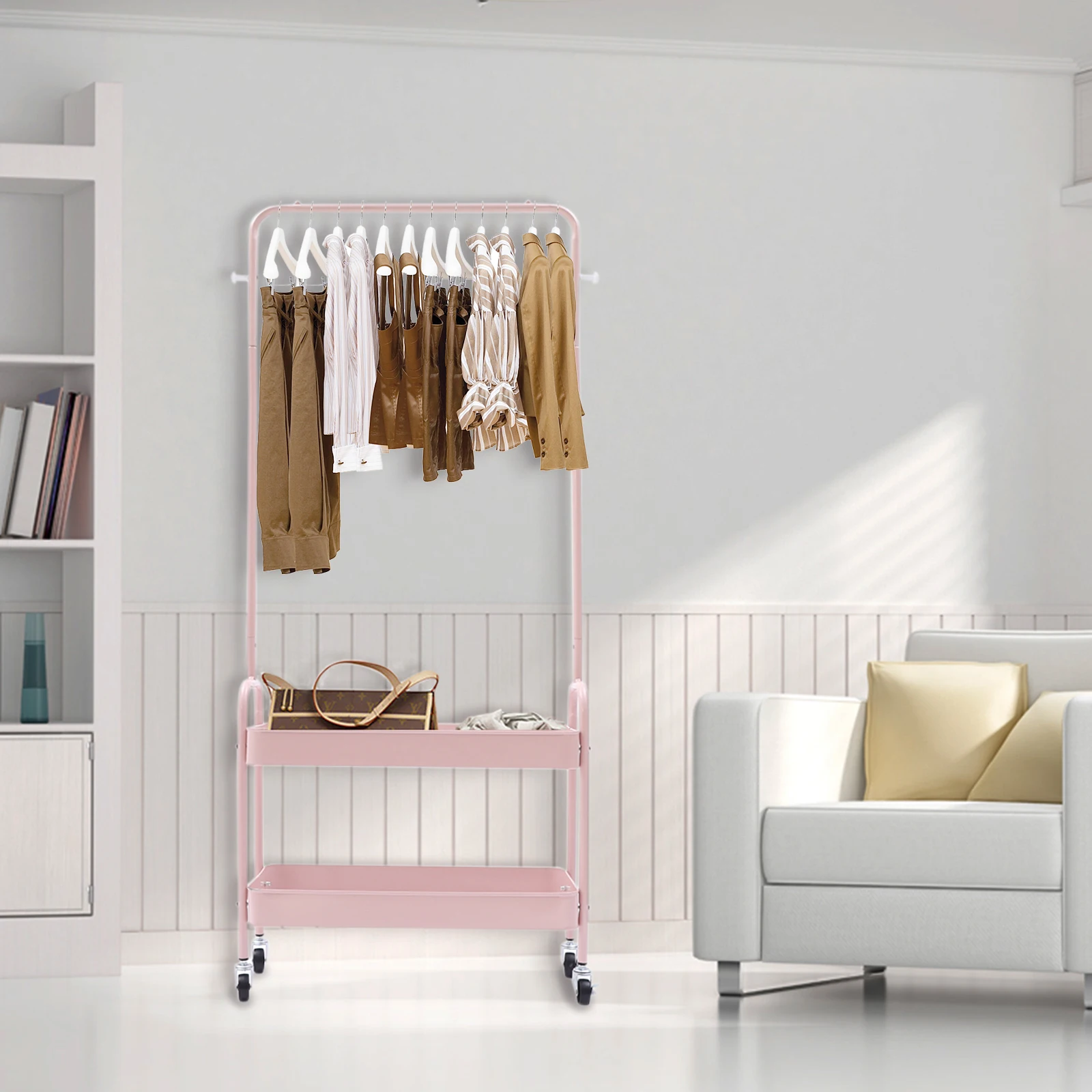 

Floor Standing Clothing Rack, With 2 Baskets, Movable Clothing Rack, Pink Carbon Steel Clothing Rack, 4 Wheels, 2 Baskets