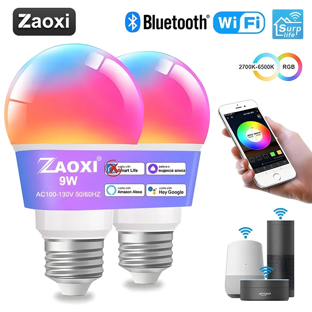 ZAOXI 와이파이 블루투스 LED 스마트 전구, 2700-6500K RGBCW 밝기 조절 실내 조명 전구, 알렉사 구글 홈 음성 제어 지지대