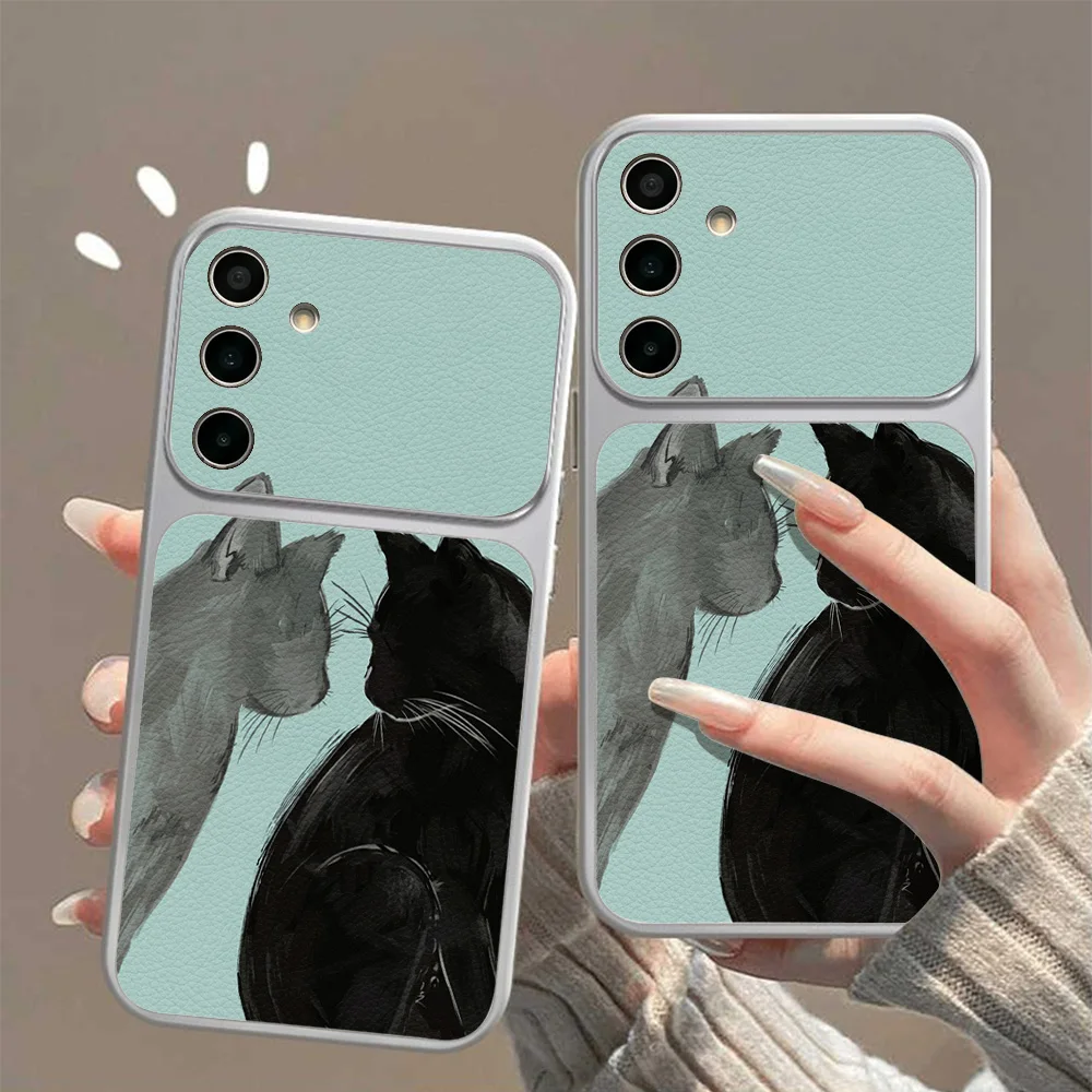 Black White Cats Large Window Phone Case for Samsung Galaxy A57 A56 A55 A54 A53 A35 A36 5G A32 A07 A17 4G Cases Texture Leather