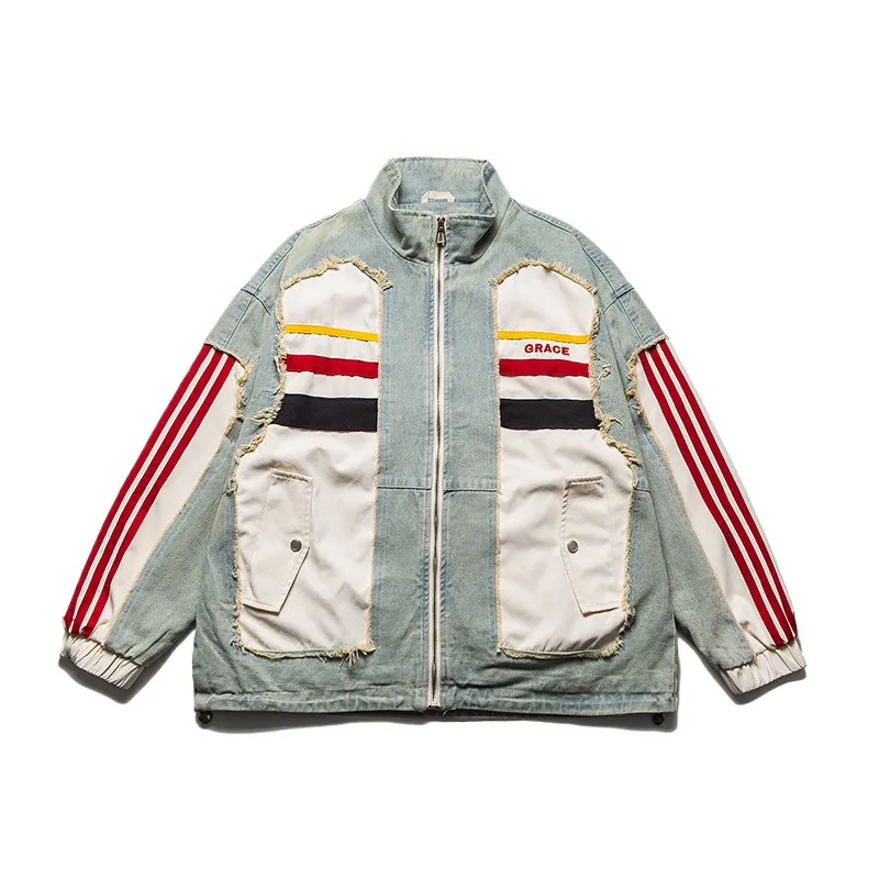 

Men's Fashion Y2K Hip Hop Jeans Jacket With Patchwork High Streetwear Loose Fit Vibe Style Denim Coat Washed Patched Outerwear