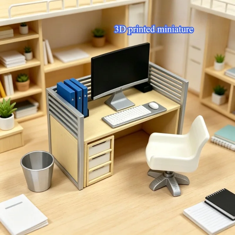 3D Printed Miniature Mini Office Set with Desk Chair Ornament Dollhouse Workstation Diorama Desktop Decor Cubicle Diorama Funny