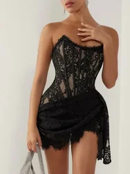 Sexy Strapless Lace Corset Draped Adjusted Dress Women White Black Red Lace Lace-up Bodycon Mini Dress Elegant Party Club Dress