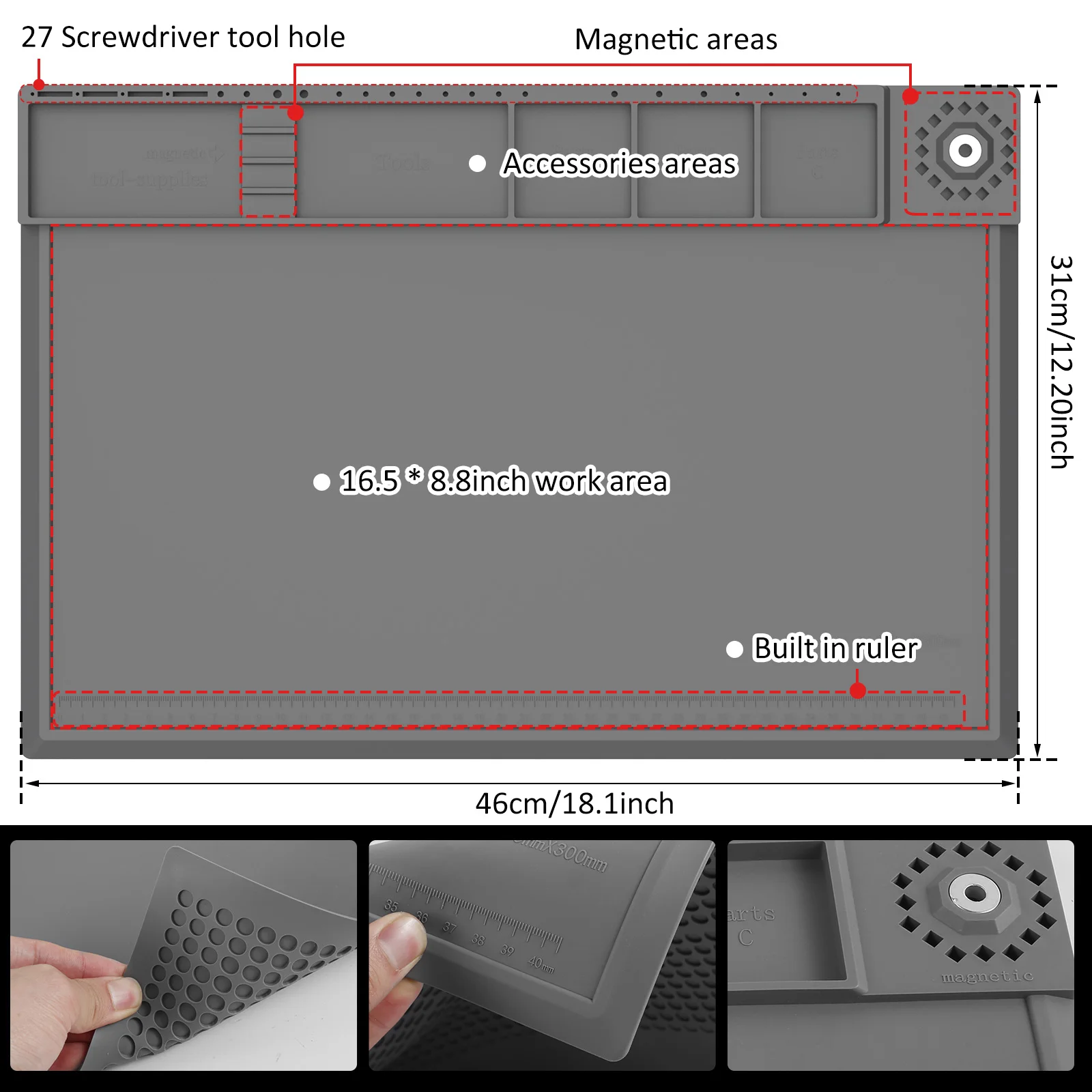 Silicone Repair Pad 932°F Heat-Resistant Soldering Mat Waterproof Electronic Repair Work Mat with Magnetic and Part Area