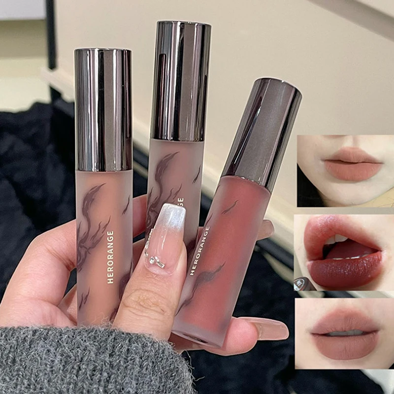"HERORANGE Lip Glaze Waterproof Smoky Red Matte Lipstick Velvet Lip Gloss Non-drying Nude Brown Lips Tint Mud Makeup Cosmetic