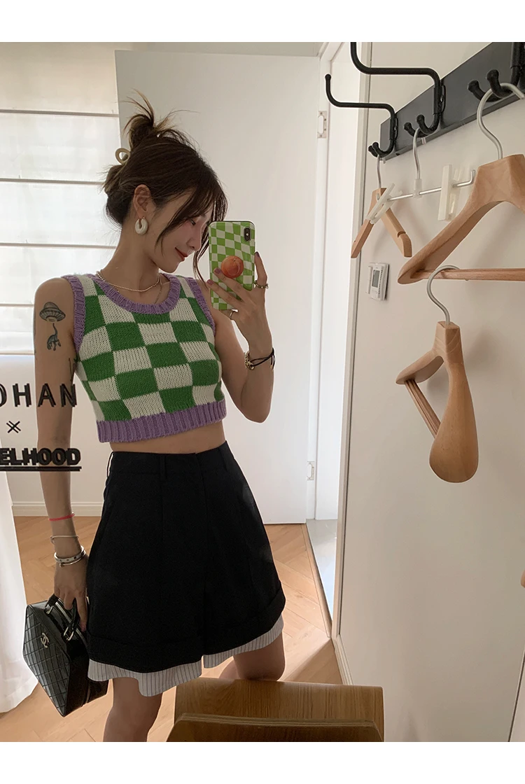 

Checkerboard Knit Tank Top for Women Contrast Color Crew Neck Sleeveless Crop Sweater Vest Teengirl 90s Y2K Spring Summer Outfit