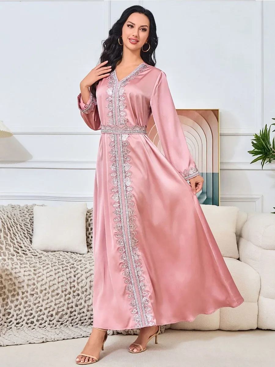 

Eid Muslim Party Dress for Women Satin Embrodery V Neck Vestidos Largos Ramadan Abaya Belt Dubai Turkey Robe Jalabiya 2024