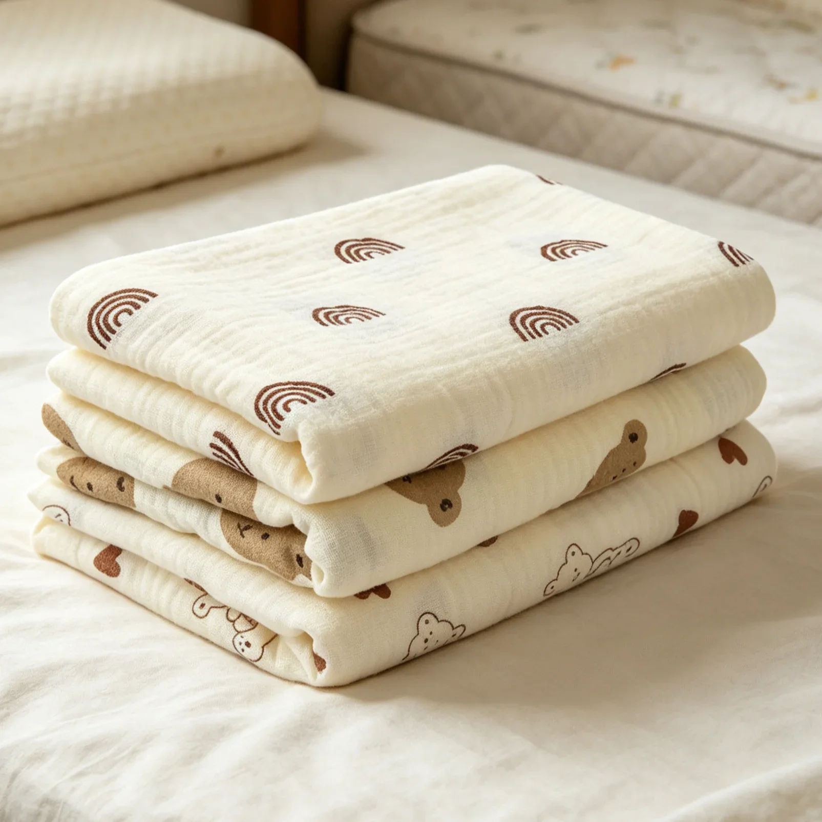 3 Pack Natural Cotton Baby Swaddle Blanket Soft Skin Friendly Multi Use Toddler Cover Cute Bear Cartoon Breathable Summer