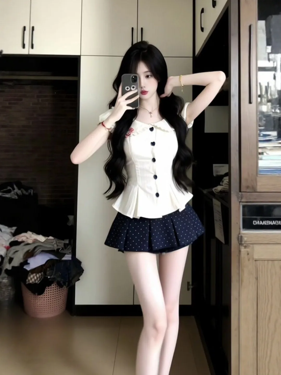 

Korean Style Unique Doll Collar Top And Half Skirt Two Piece Set Comfortable Short Sleeve V Neck Summer Fashion Outfit Set