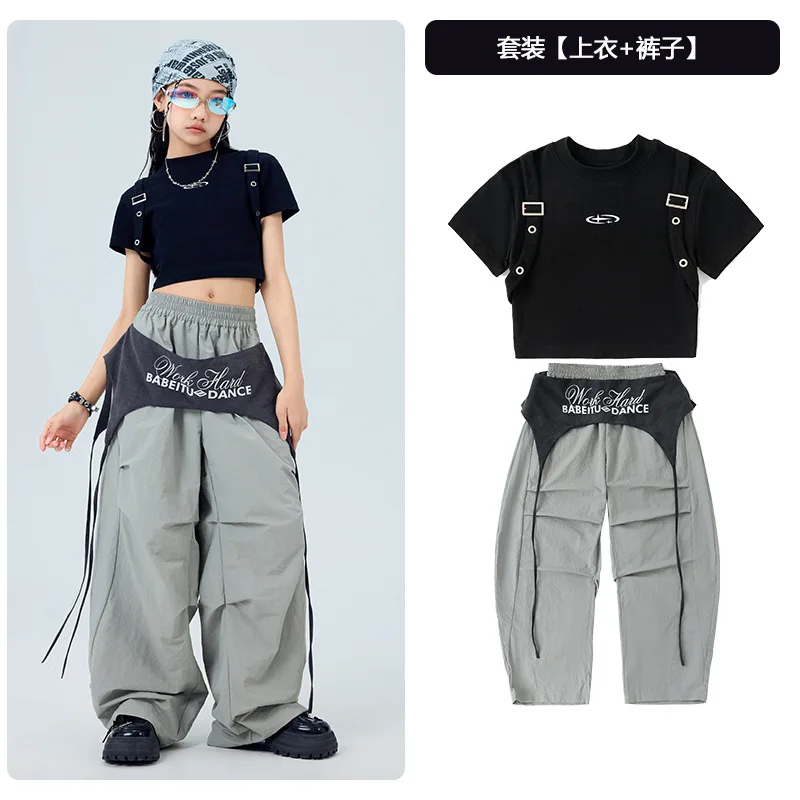 طفل Kpop الهيب هوب الملابس حزام أسود المحاصيل الأعلى تي شيرت رمادي عادية واسعة حزام المظلة السراويل لفتاة الجاز ملابس رقص الملابس