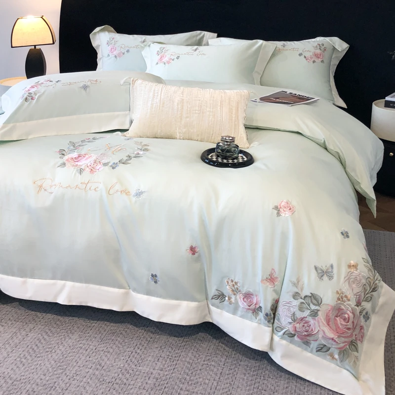 Exquisite Embroidered Bedding set Double Queen King 4Pcs Pure Long-Staple Cotton Soft Silky Bedsheets Duvet Cover Pillow Shams